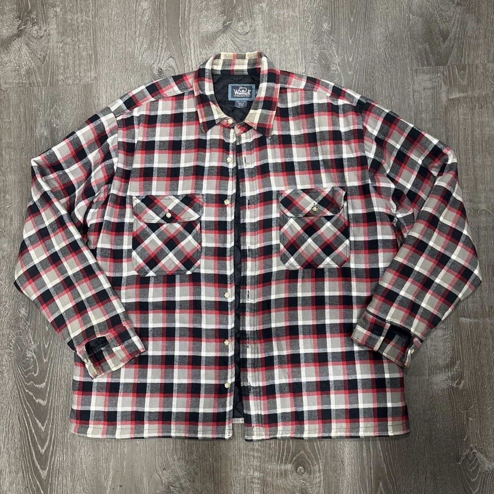 VTG Woolrich Mens XL Plaid Jacket Quilted Lined Red Black Check Flannel Shacket